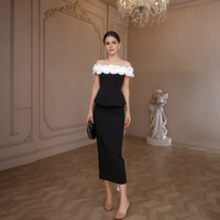 Robe Midi Élégante Noire Vintage pour Femme avec Appliques Florales 3D, Taille Peplum, Coupe Crayon, Idéale pour Soirées Formelles et Banquets Printemps-Automne