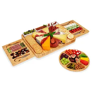 Bamboo Cheese Board Set with 2 Drawers Wooden Cheese Plate Serving Platter with 4 Stainless Steel Knives