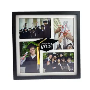 Collage de marco de fotos de madera graduada de felicitaciones al por mayor, muestra cuatro cuadros de 4x6 marco de fotos de madera negro para regalo de graduación