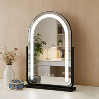Miroir de maquillage intelligent à cadre métallique arqué avec interrupteur tactile LED pour anniversaire et mariage