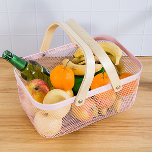 Cestino in Metallo Personalizzabile per Picnic, Frutta e Alimenti, Cesto Portatile in Rete Metallica per Verdure <span class=keywords><strong>con</strong></span> Manico in Legno - Product Image 5