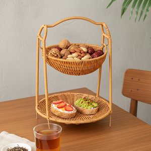 Panier à fruits tissé en rotin imitation, rond, multi-niveaux, avec poignée, panier de rangement marron pour collations et pain - Product Image 3