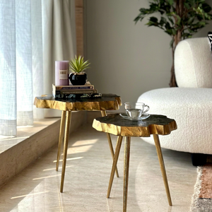 Modern Gold Aluminium Live Edge <b>Nesting</b> Side <b>Tables</b> Rough Bark Edge Metal Accent Desk Rustic <b>Living</b> <b>Room</b> Sofa End Coffee <b>Table</b> - Product Image 1