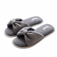 Chaussons d'intérieur plats antidérapants pour femmes, en tricot gaufré, à bout ouvert, avec doublure en tissu éponge doux et nœud décoratif