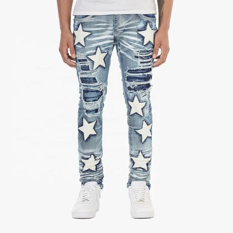 YUEGE Custom Style Jean für Mann Leder Star Stickerei Mode Distressed Ripped Stacked Denim Pants