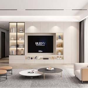 Meuble TV mural moderne de luxe en bois, support flottant avec LED pour centre de divertissement à domicile dans le salon - Product Image 3