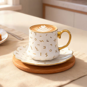 Tazza da Caffè in Ceramica Porcellana Bone China con Piattino, Design Esclusivo e Lussuoso, Personalizzabile, 90-350ml, Oro, per Cappuccino Pomeridiano - Product Image 1