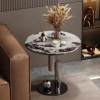 Table d'appoint de luxe italienne légère, table basse en marbre naturel simple en acier inoxydable, petite table basse ronde design