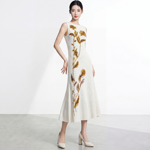 Casual Floral Embroidery Elegant Knitted Midi <b>Dress</b> Sleeveless O-Neck Fit Straight And Flare Breathable Spring Autumn <b>Dress</b> - Product Image 1