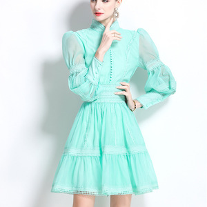 Jupe trapèze élégante haut de gamme pour femmes col montant manches lanterne française dentelle épissage maille Style décontracté pour la <span class=keywords><strong>saison</strong></span> de <span class=keywords><strong>printemps</strong></span> - Product Image 5