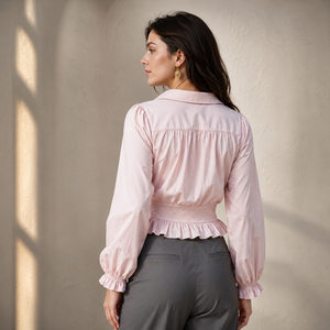 Women's Pink Linen Blouse With Ruffles Balloon Sleeve Turn-down Collar Button Down Spring Summer Modern Romantic Style ODM OEM - Product Image 5