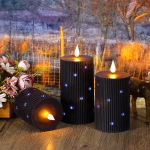 3 bougies <span class=keywords><strong>LED</strong></span> sans flamme à motif vertical noir pour Halloween - Bougies <span class=keywords><strong>LED</strong></span> scintillantes - Avec télécommande à 11 touches et minuterie - Product Image 1