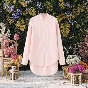 Chemise à manches longues pour femmes, col mandarin rose, boutonnée, coupe ample, couleur unie, style minimaliste, à porter en toutes saisons - Product Image 3