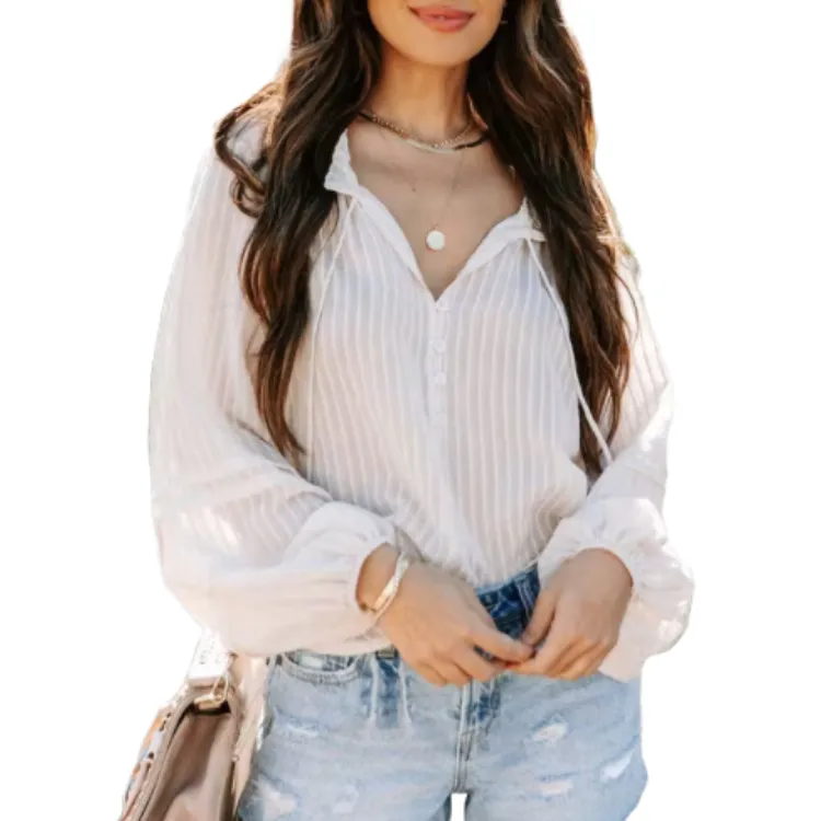OEM ODM low price customized ladies tops blouse translucent natural chiffon tops and blouses women