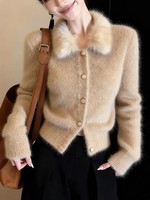 2026 Cardigan long uni à col en fourrure, en maille tricotée au crochet, avec boutons, style pull, pour femme