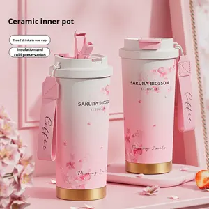 Tasse <span class=keywords><strong>thermos</strong></span> rose sous vide pour femme fleur de cerisier 316 acier inoxydable Double paroi conception montée sur voiture 500ml 6-12 heures paille thermique - Product Image 3
