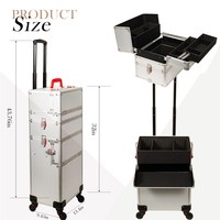Valise de maquillage 3-en-1 avec roulettes, en aluminium, trolley roulant, organiseur de cosmétiques, mallette professionnelle pour ongles, coffre de voyage
