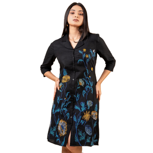 Vestido Camisero de Lino Negro Elegante y Duradero de Primera Calidad con Bordado Floral para Mujer - Product Image 2