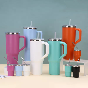 New 5 Piece Set 40oz Solid Color Tumbler Inner Steel Outer Plastic Portable Cup <b>With</b> Handle And <b>Straw</b> - Product Image 1