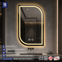 Miroir de salle de bain LED asymétrique en forme de D, intelligent, anti-buée, à commande tactile, mural, pour projets hôteliers, OEM personnalisé