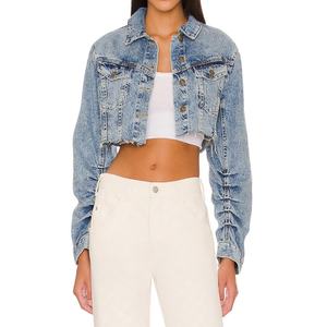 Chaqueta Vaquera Personalizada para Mujer con Bordes Deshilachados, Mangas Largas Fruncidas, Chaqueta Corta de Mezclilla Estilo Trucker - Product Image 1