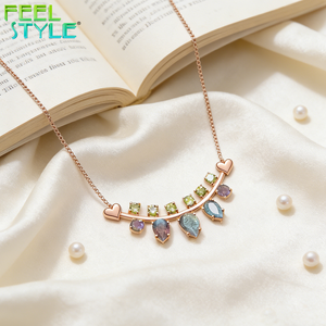 Collier pendentif barre en arc cœur unique, goutte d'eau, pierres fantaisie bleues et violettes en CZ, chaîne en acier inoxydable 316 plaqué or PVD - Product Image 5