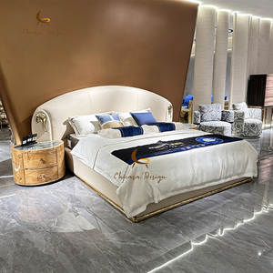 Luxurious Royal French European Style <b>Bedroom</b> Set Real Leather Gold Leaf Burl Wood Headboard Bed Furniture - Product Image 2