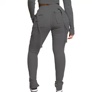 X02041t calças tipo cargo, moda tendência, bolso, cordão, cintura, perna, casual