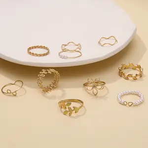 2023 bijoux de mode fins 10 pièces anneaux à la mode forme géométrique plaqué or cristal doigt personnalisé personnaliser anneaux ensemble pour les femmes