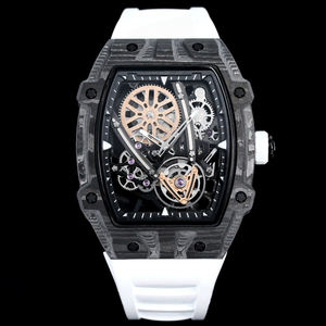 Montre squelette automatique mécanique de luxe pour homme avec bracelet en silicone blanc confortable de qualité 5A, boîtier en carbone, tourbillon - Product Image 1