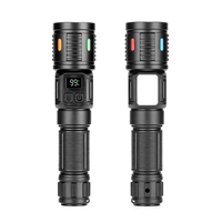 Linterna Táctica de Largo Alcance, Recargable por USB C, 200m, Enfoque Ajustable, Luz Lateral, Luz de Advertencia Roja y Azul, Luz de Inspección Nocturna