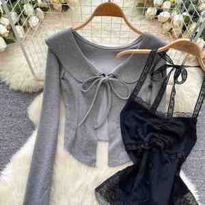 Y2K Autumn Solid Woven Eco-Friendly <b>Sexy</b> 3 Piece <b>Set</b> for Women Halter Short Tube Top and Lace Skirt Clothing Wholesale - Product Image 3