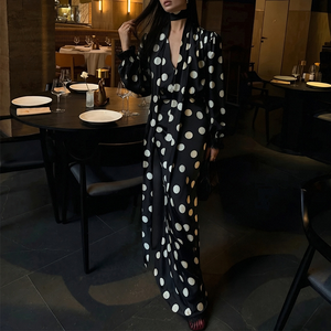 Elegante Abito Retrò con Stampa a <span class=keywords><strong>Pois</strong></span> per Donne, Maniche Lunghe, Scollo a V, Design con Orlo in Pizzo, per Feste, Appuntamenti, Abbigliamento Casual, MOQ 1 - Product Image 3