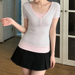 Blusa de Mujer con Rayas, Encaje, Tejido Liso, Manga Corta, Cuello en V, Plisada, con Botones al Frente, Informal, para Oficina, Trabajo, Verano - Product Image 3