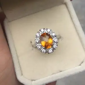 Cincin tunangan Halo Topas Imperial alami S925 perak murni 7*9mm perhiasan batu permata potong Oval untuk wanita grosir