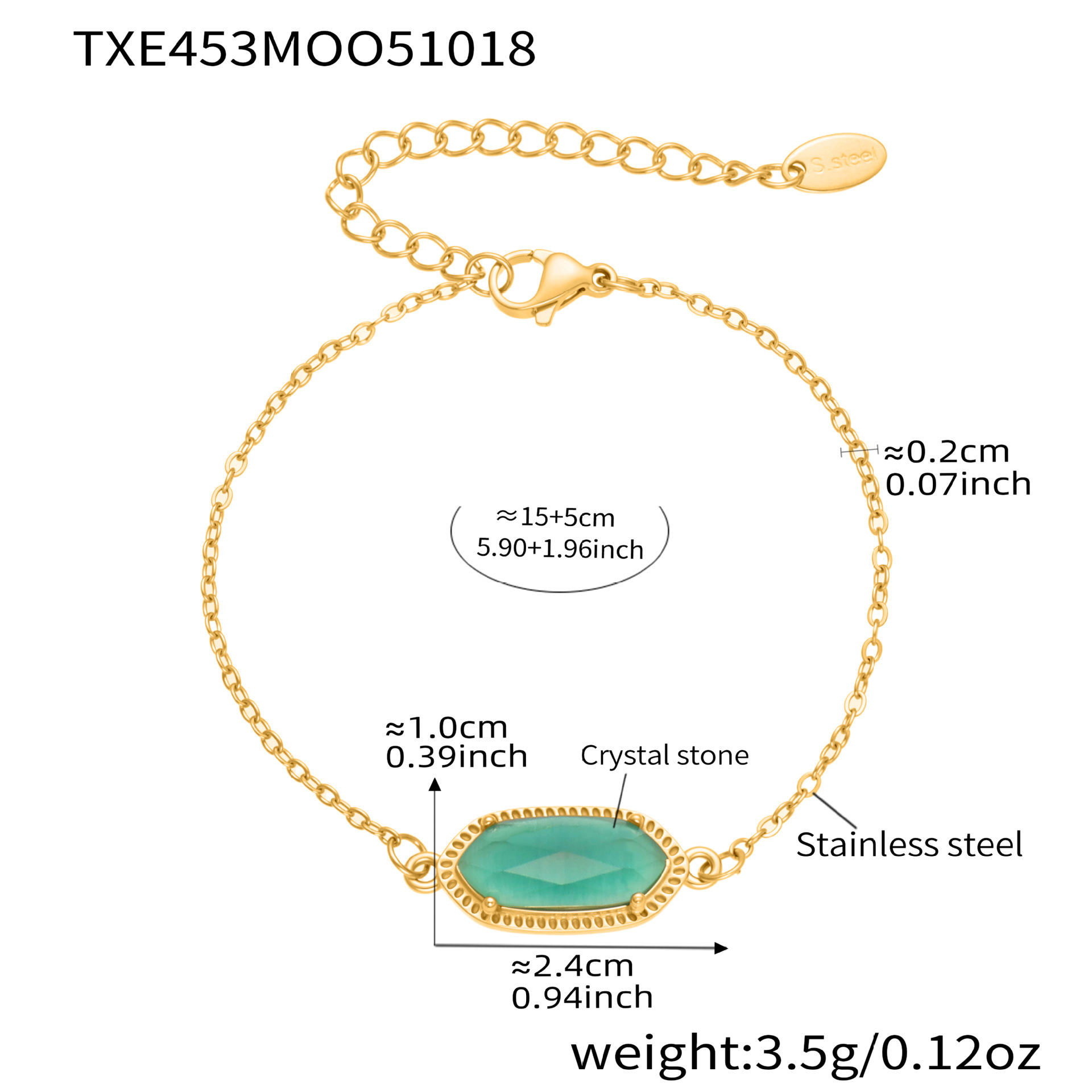 Txe453-green stone bracelet 15 5cm