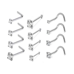 Stainless Steel Silver Plated 8mm <b>Nose</b> <b>Studs</b> Cubic Zirconia | <b>L</b>-<b>Shaped</b> Straight Curved Trendy <b>Nose</b> Piercing Jewelry | Jewelry - Product Image 4