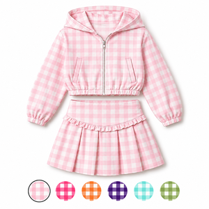 Completo Sportivo per Bambine con Felpa a Quadri e Gonna, Giacca con Zip in Tessuto Elasticizzato e Gonna Plissettata - Product Image 3