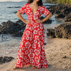 Vestido de verano con estampado Aloha, diseño personalizado, elegante, con cuello en V profundo, ajustado, de alta calidad, 100% rayón, vestidos elegantes. - Product Image 1