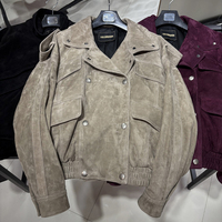 Jaket Kulit Oversized Double Breasted Jaket Bomber Kulit Domba Asli Wanita Jaket Kulit Suede Asli