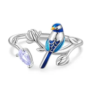 Anel de prata refinada 925, requintado anel de pássaro azul para mulheres, joias finas com folha aberta, moderno, presente de casamento bsr288