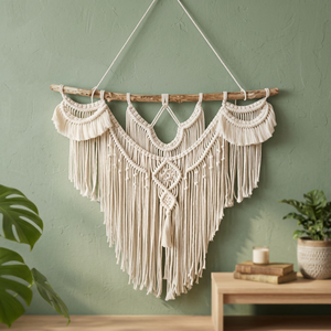 Tapiz de Macramé de Algodón Hecho a Mano con Fibra Vegetal, Decorativo, Forma Triangular, Varilla de Madera Natural, Adorno para el Hogar - Product Image 3