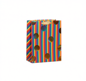 Sacchetto Regalo in Carta con Strisce Arcobaleno e Puntini Dorati per Feste di Compleanno - Product Image 1