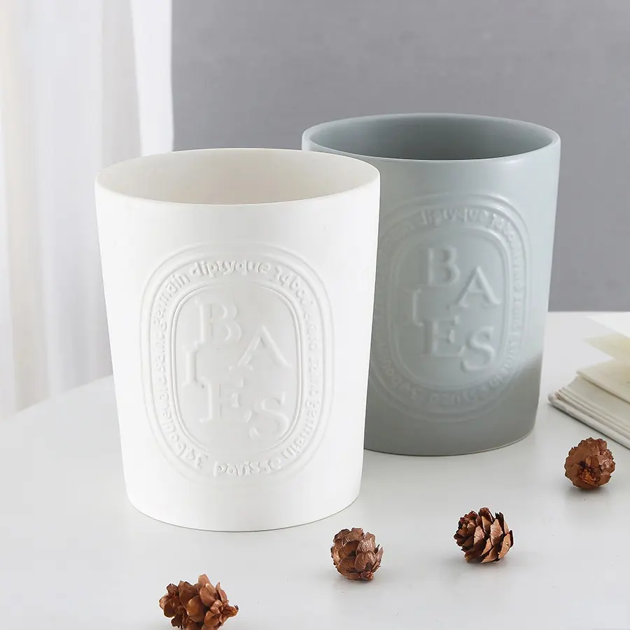 Wholesale Matte Beige Candle Vessels Luxury In Bulk Empty Ceramic Embossed Logo Candle Jars
