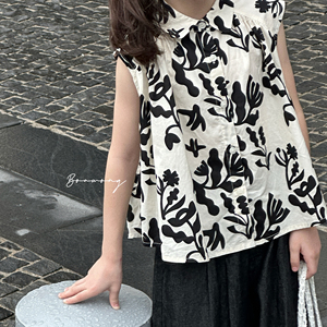 Completi Casual <span class=keywords><strong>per</strong></span> <span class=keywords><strong>Ragazze</strong></span> Camicia Floreale Bianca e Nera Jeans <span class=keywords><strong>Neri</strong></span> 100% Cotone Maniche a Farfalla - Product Image 4