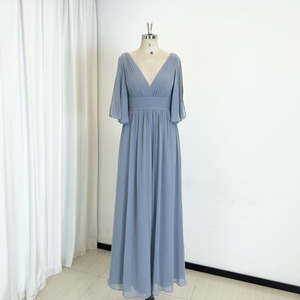 Dusty Blue Dress Long - Elegant V-Neck Maxi Gown