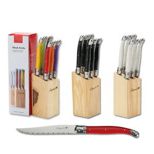 Ensemble de couteaux à steak <span class=keywords><strong>Laguiole</strong></span> 6 pièces en acier inoxydable de style design moderne avec manche en ABS à bord dentelé dans un support en bois - Product Image 1