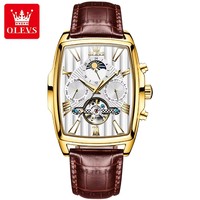 OLEVS 6675-Montre pour homme, top luxe, bracelet en cuir, marque phase de lune, montre mécanique automatique pour homme