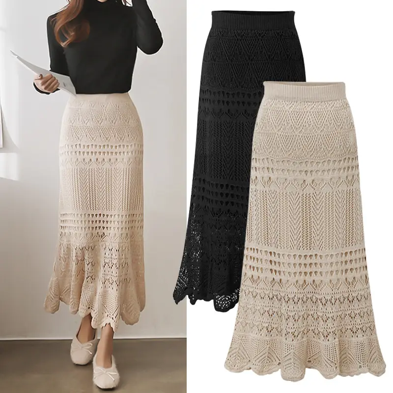 Knitwear Manufacturer Custom Crocheted Woman Versatile High Waist Lady Skirts Maternity Oversized Long Knit Skirt for Women