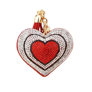 Chaveiro de diamante feito à mão em forma de coração, chaveiro com pingente de cristal, diamante, strass, veludo, chaveiro para casal